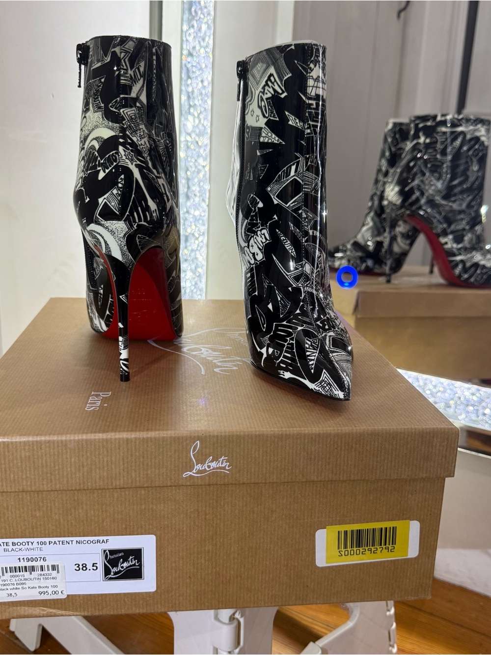 Christian Louboutin Black & White Graffiti Patent Leather Ankle Boots